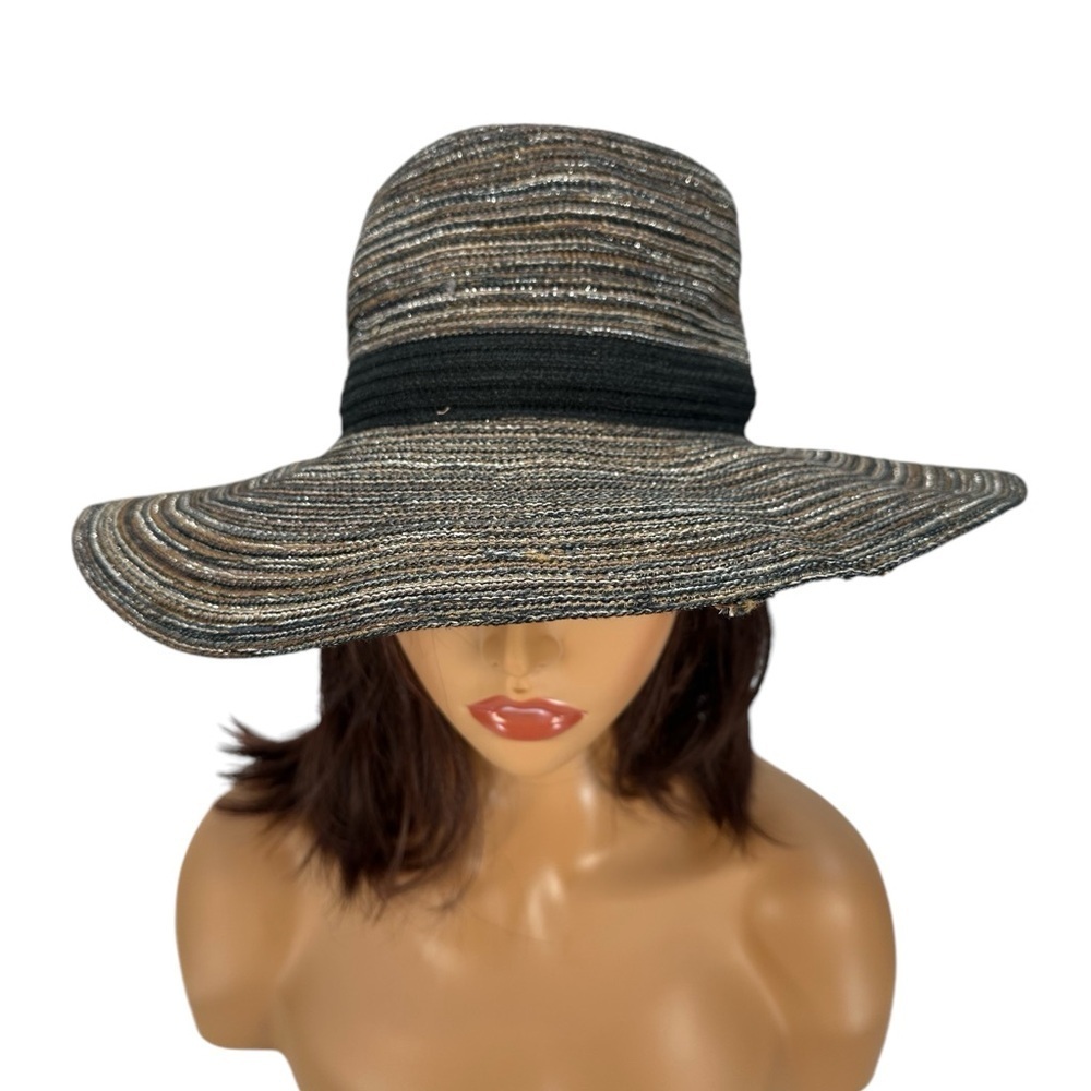INC International Concepts Striped Sun Hat  - Black Brown Silver -One Size